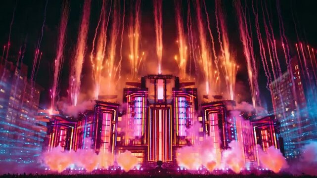 Dazzling Festival Stage Ablaze with Fireworks and Neon Lights at Night.