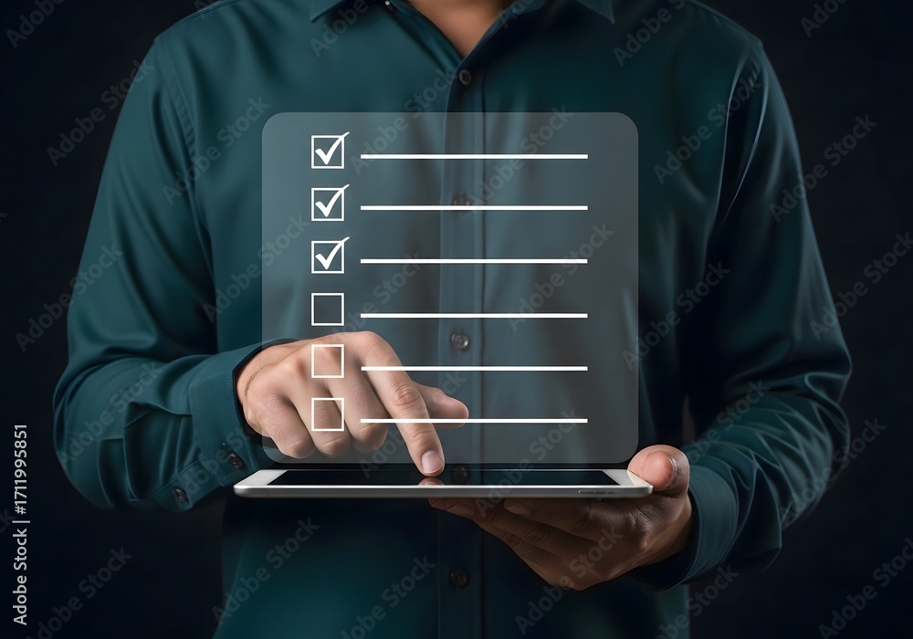 Aufkleber a person using a tablet with a checklist overlayed on it in front of a dark background image