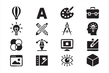 Vector illustration of design process icons including art, creativity, and software tools