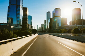 Sunlit Urban Road with Tall Modern Buildings in the Background