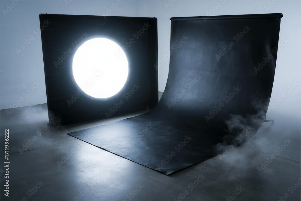 Poster abstract black backdrop with a bright circular light source creating a striking visual effect