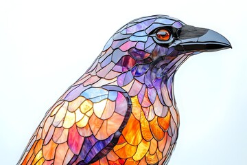 Fototapeta premium Vibrant stained glass style bird with mosaic pattern featuring purple, orange and yellow tones against white background, sharp black beak and glowing red eye.