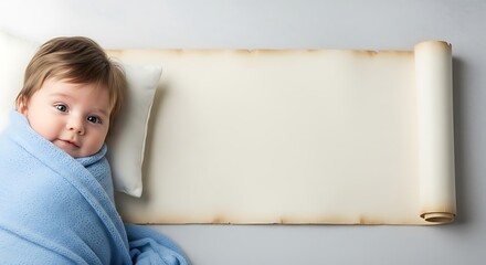 Baby with Blanket and Paper Scroll