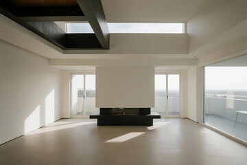 Fototapeta premium Modern minimalist interior space with large windows and fireplace