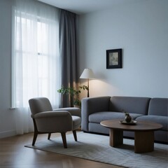 Modern living room with comfortable sofa and armchair, natural light through window