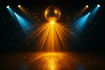 Shiny disco ball with glowing orange and blue spotlights on wooden floor with sparkling lights in festive dark background for party concept design.