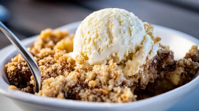 A Delicious Scoop of Vanilla Ice Cream Melting Over Warm Apple Crumble.