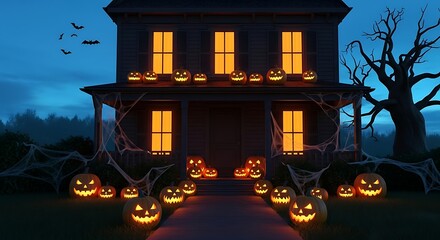 Spooky Halloween House with Jack-o-lanterns.