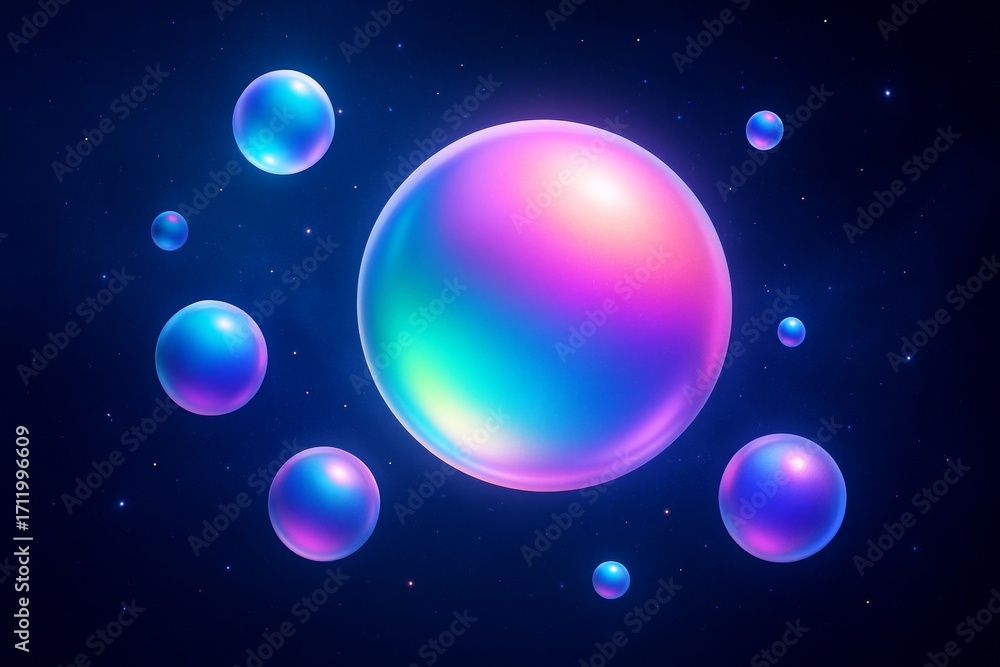 Poster colorful glowing spheres floating in deep space on a dark starry background, vibrant futuristic ligh