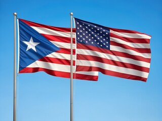 Obraz premium American and Puerto Rican flags. Puerto Rican and American flags flying side-by-side on poles against a clear blue sky Puerto Rico United States