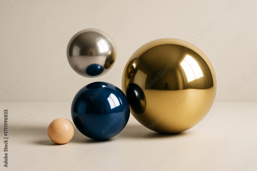 Poster glossy metallic and matte spheres of various colors arranged on light background in minimal abstract