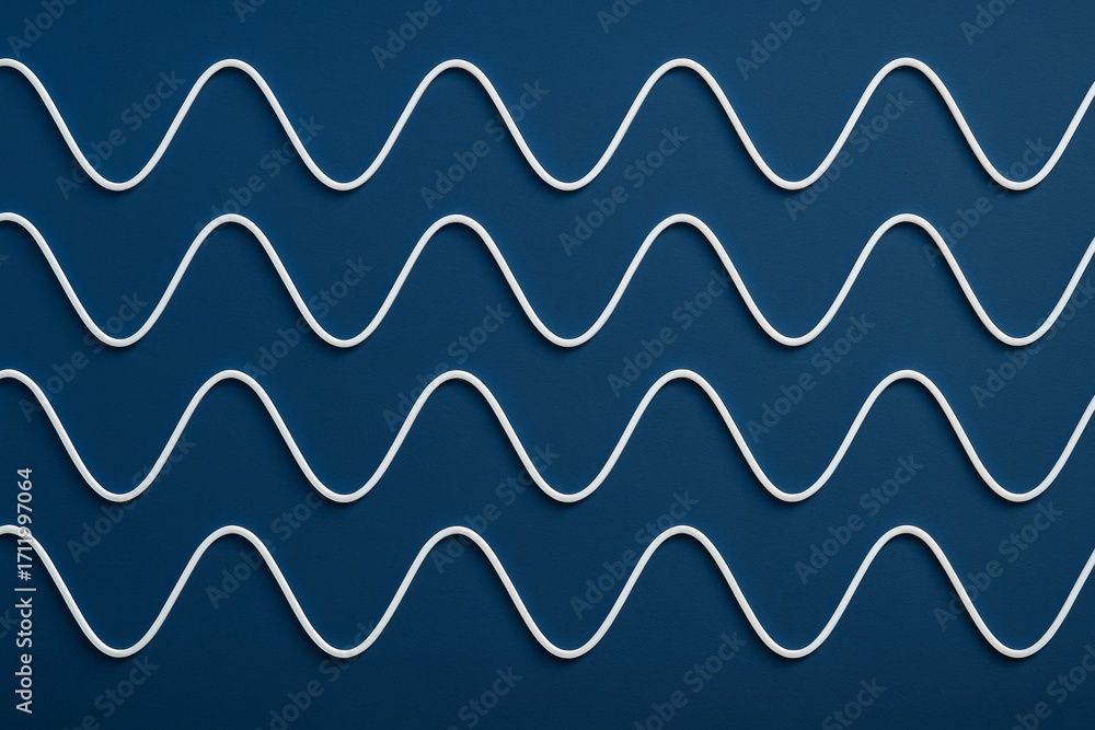 Poster abstract white wavy lines pattern in rhythmic arrangement on deep blue background showcasing modern 
