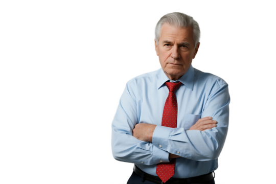 Serious man in formal attire with arms crossed