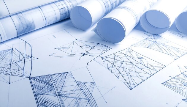Architectural blueprints and design sketches for construction projects.