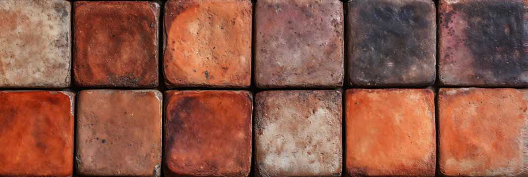 A top-down view of a mosaic of rustic terracotta tiles in various earthy orange and brown tones, forming a textured and organic pattern.
