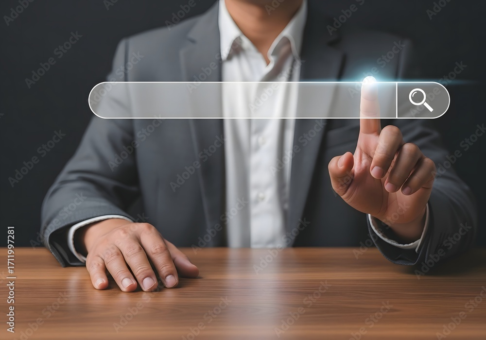 Poster man in suit interacting with search bar interface on wooden table with dark background image