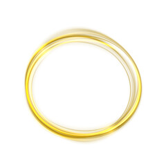 Shiny glowing golden spiral swirl with luminous halo. Vector abstract circular loop with sparkle dust, rotating round trail on transparent background for celebration, wedding, luxury or award decorati