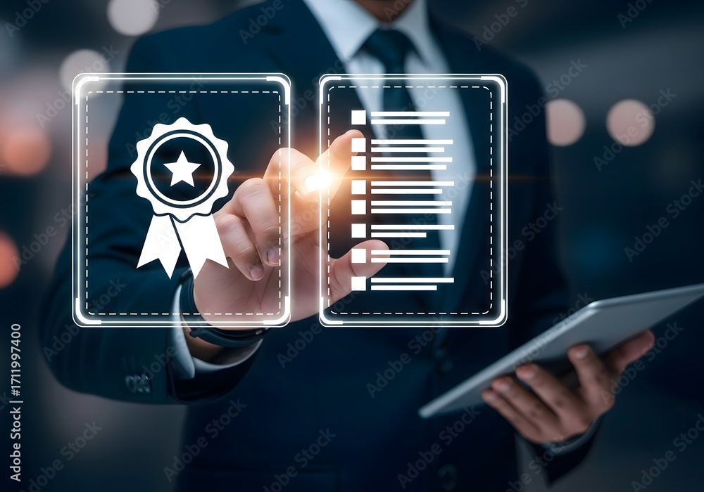 Poster man in suit touching digital icons of quality badge and checklist on a virtual interface screen