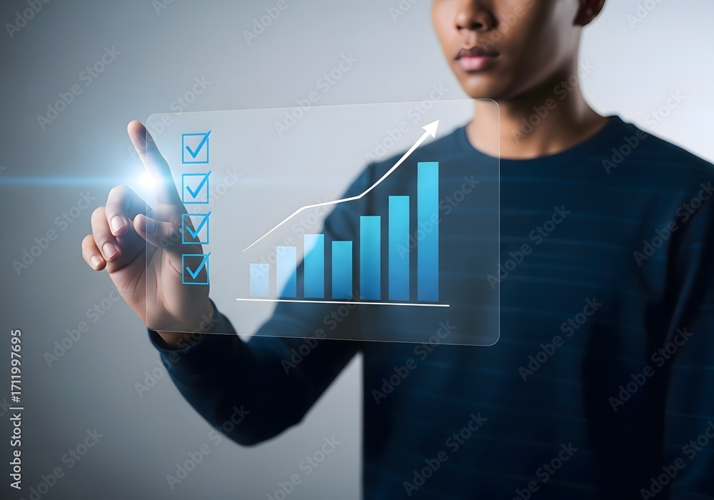 Poster man interacting with a transparent screen showing a rising bar graph and checkmarks on the side