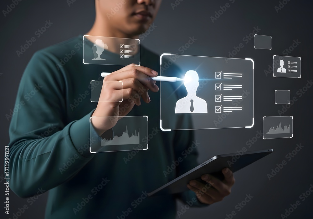 Poster man interacting with digital interface using stylus and tablet in a dark background setting scene