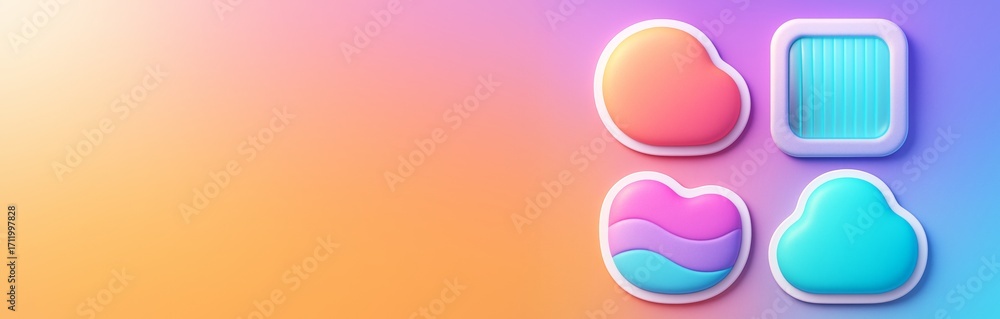 Poster abstract colorful 3d shapes on gradient pastel background with empty copyspace for design mockup, cl
