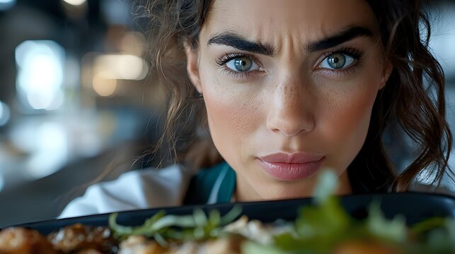 Close up portrait of young Mediterranean woman with intense blue eyes and dark curly hair looking at camera while holding plate with fresh salad and grilled meat. - Powered by Adobe