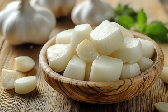 Fresh peeled onion chunks in wooden olive bowl with whole garlic bulbs and herbs on bamboo cutting board, macro food photography for cooking blogs. - Powered by Adobe