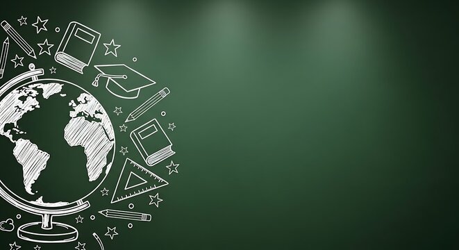 A chalkboard with chalk drawings of educational items like a globe, books, and pencils, symbolizing learning and knowledge. - Powered by Adobe