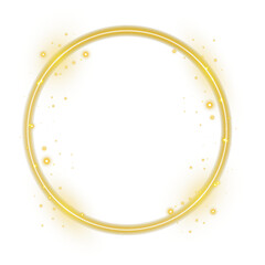 Vector golden light ring with fire trail and sparkling glow. Shiny luminous circle frame on transparent background for decoration, luxury branding, event design, magical poster or celebration banner.