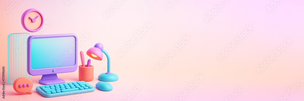 Aufkleber colorful pastel desktop workspace mockup with computer, lamp, and accessories on clean pink backgrou