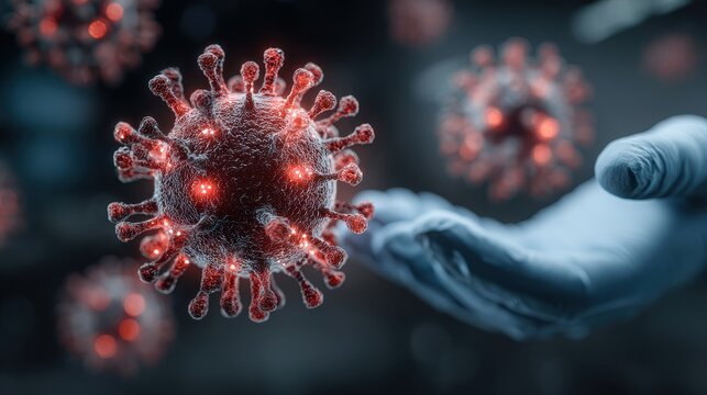 Gloved hand presents coronavirus structure representing global pandemic and spread of infectious disease, emphasizing health crisis