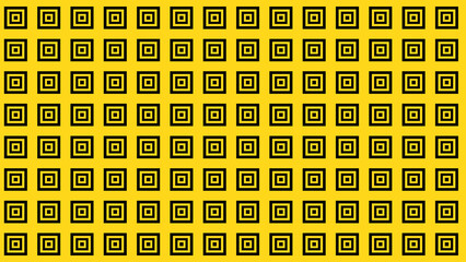 A repetitive pattern of black squares within squares on a yellow background creating a grid design