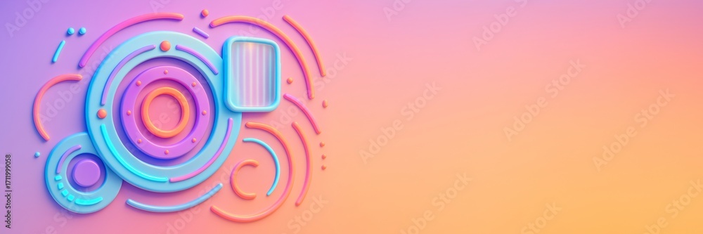 Aufkleber abstract colorful 3d geometric shapes on left with vibrant gradient background and empty space on ri