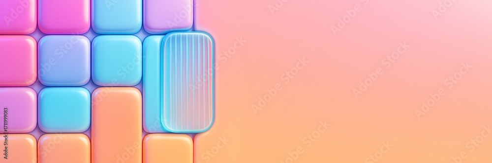 Poster colorful abstract 3d geometric blocks aligned on left side with soft gradient background and empty c