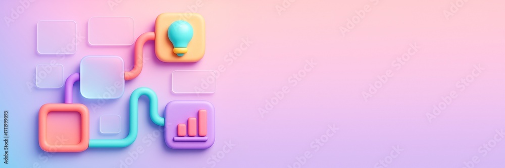 Aufkleber abstract colorful workflow concept with light bulb and bar graph icons on pastel background with emp