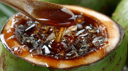 Sweet Brown Syrup Flowing from Wooden Spoon into Green Coconut