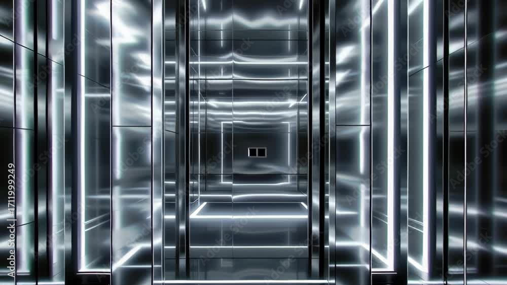 Poster futuristic metallic corridor sleek reflective surfaces and glowing lines create immersive, modern at