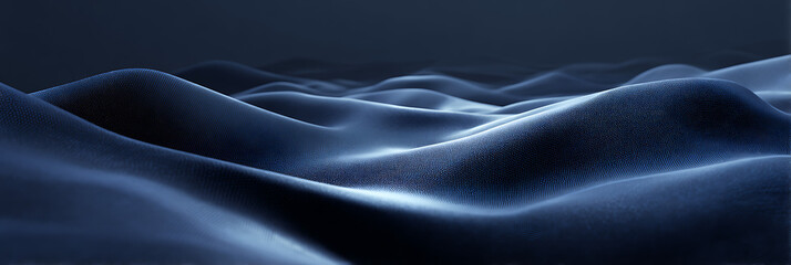 Fototapeta premium An abstract and smooth dark blue wavy surface, resembling fluid motion or undulating landscape, creating a serene and mysterious organic background. 