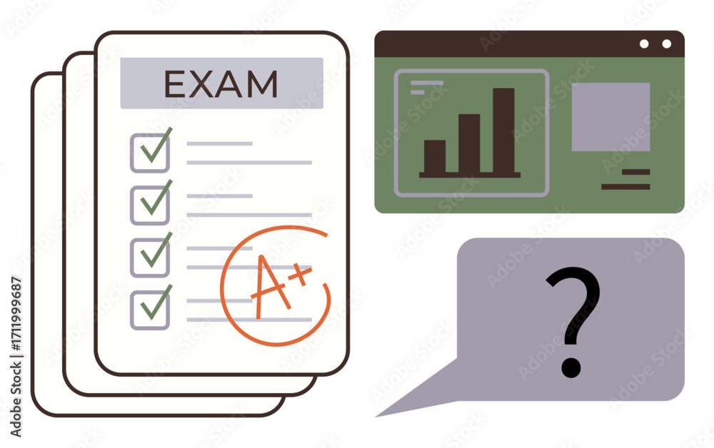 Poster exam papers with grades, bar graph on screen, and question bubble representing achievement, analytic