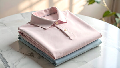 Stack of neatly folded pastel colored polo shirts on a marble table.