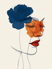Minimalist conceptual artwork of two roses in muted blue and warm orange emerging from a white sheet of paper with elegant outlines, space for writing, modern stylish floral illustration