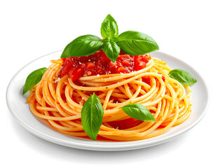 Delicious spaghetti with tomato sauce and fresh basil leaves on a white plate. A simple yet appetizing dish, a culinary delight