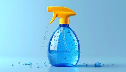 Blue spray bottle with water drops on a light blue background.
