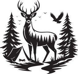 Stunning deer camping scene with eagle flying above