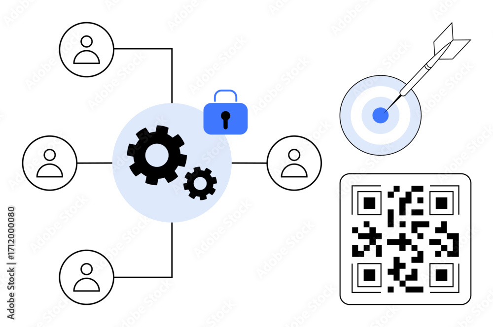 Aufkleber diagram with interlinked users, gears, qr code, target with arrow, and lock box. ideal for teamwork,