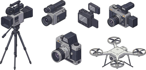 Isometric Video Camera Vector Set – Studio Camera, Film Camera, Drone Camera, Portable Camera