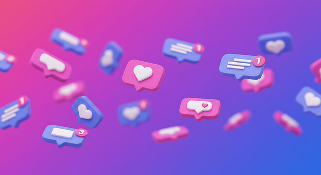 A dynamic arrangement of floating 3D social media icons like hearts and comment bubbles in pink and blue, against a vibrant gradient background, representing digital interaction.

