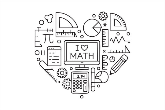Vector illustration of math tools and equations forming a heart shape for education projects
