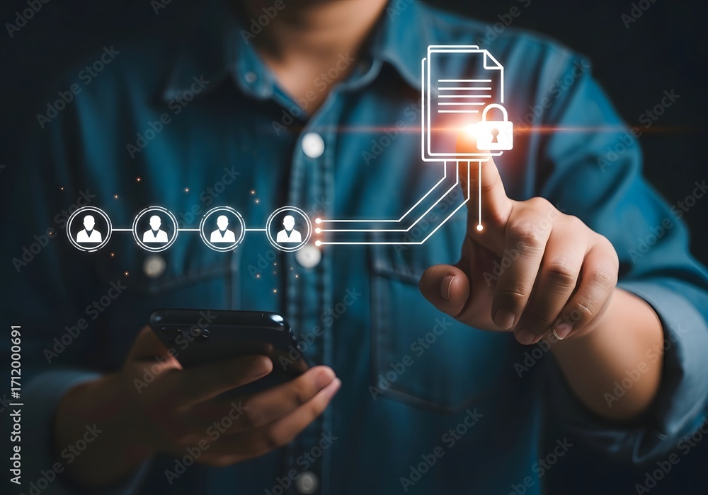 Poster person interacting with digital file security and user icons on a smartphone interface display scree