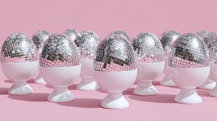 abstract silver disco balls eggs in white egg stand on light pink background